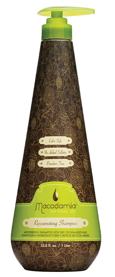 Macadamia Natural Oil Rejuvenating Shampoo bottle with green pump, Best moisturizing shampoo for dry hair that restores shine and helps prevent breakage.